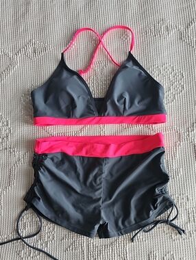 Reversible-Look Gray & Hot Pink Two-Piece Swim Set